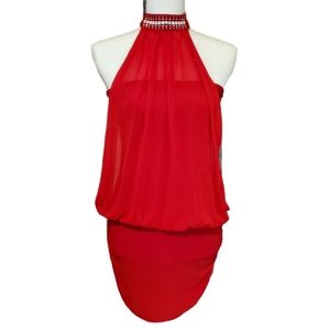Stunning Red Sabora Halter Rouched Dress Size M